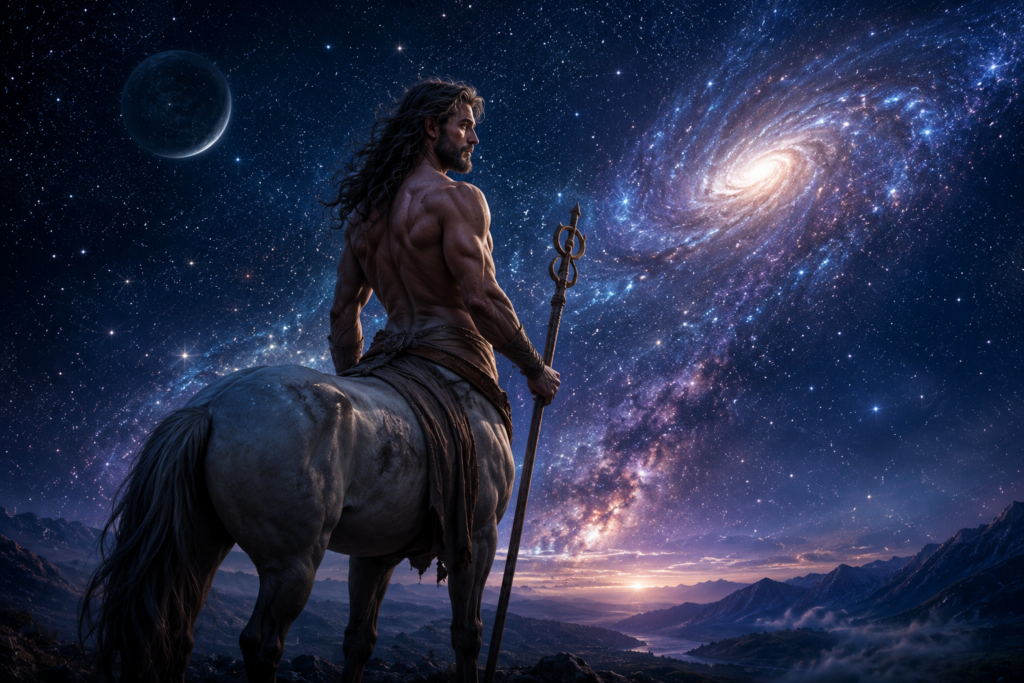 Chiron w astrologii przedstawiony jako mityczny centaur na tle kosmosu symbolizujący uzdrawianie emocjonalne, rozwój duchowy i wewnętrzną transformację.