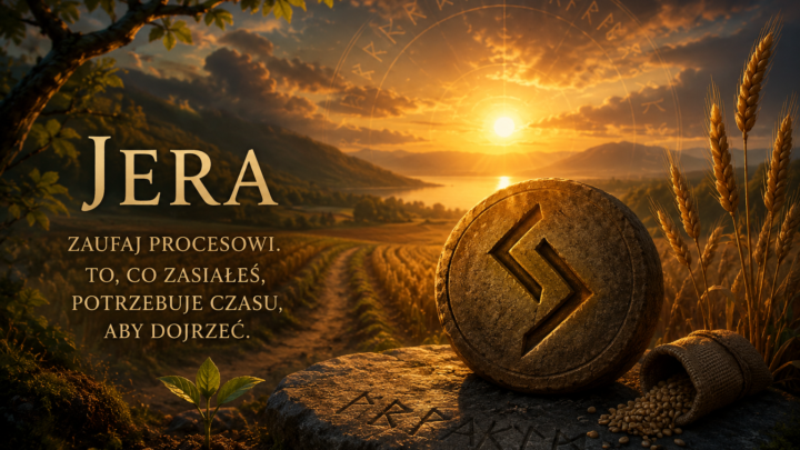 Runa Jera na kamiennym kręgu pośród dojrzałego pola zbóż o zachodzie słońca. Obraz symbolizuje cykl, cierpliwość, dojrzewanie i zbieranie plonów.