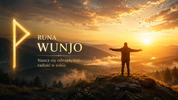Mistyczny krajobraz o wschodzie słońca z symbolem Runy Wunjo oraz postacią stojącą na wzgórzu. Grafika symbolizuje wewnętrzną radość, harmonię i spełnienie.
