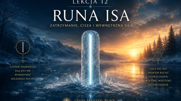 Runa Isa jako świetlista pionowa linia zamknięta w lodowym monolicie na tle zamarzniętego jeziora, symbolizująca zatrzymanie, ciszę, skupienie i wewnętrzną siłę.